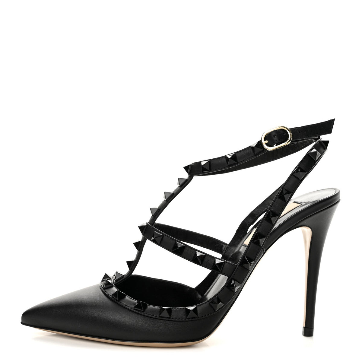 Calfskin Lacquered Monochrome Rockstud Ankle Strap 100mm Pumps 38.5 Black