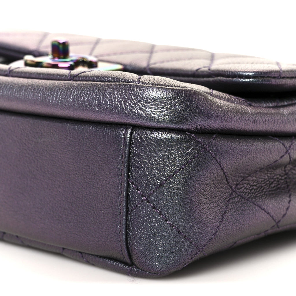Iridescent Goatskin Quilted Small Double Carry Waist Chain Flap Purple