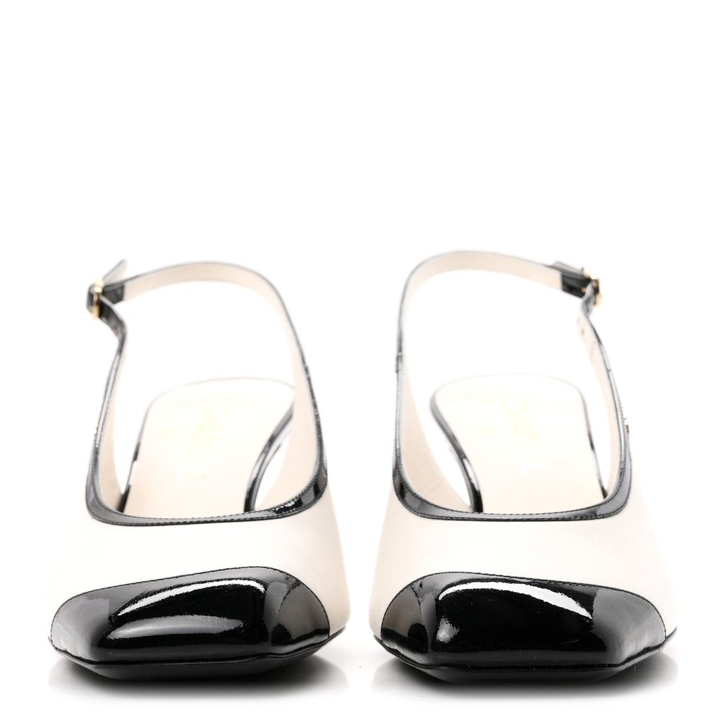 Lambskin Patent Calfskin Cap Toe CC Slingback Pumps 38 White Black