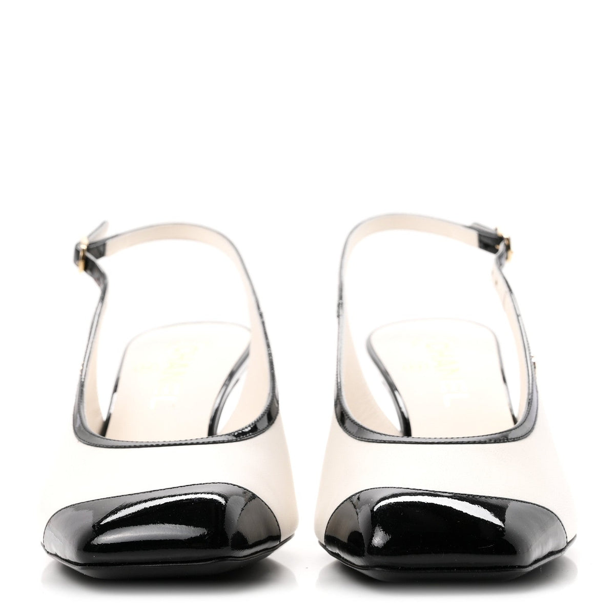 Lambskin Patent Calfskin Cap Toe CC Slingback Pumps 38 White Black