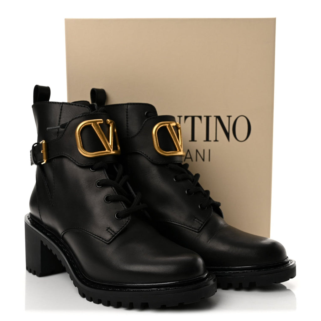 Calfskin Womens VLOGO 70mm Combat Boots 38.5 Black