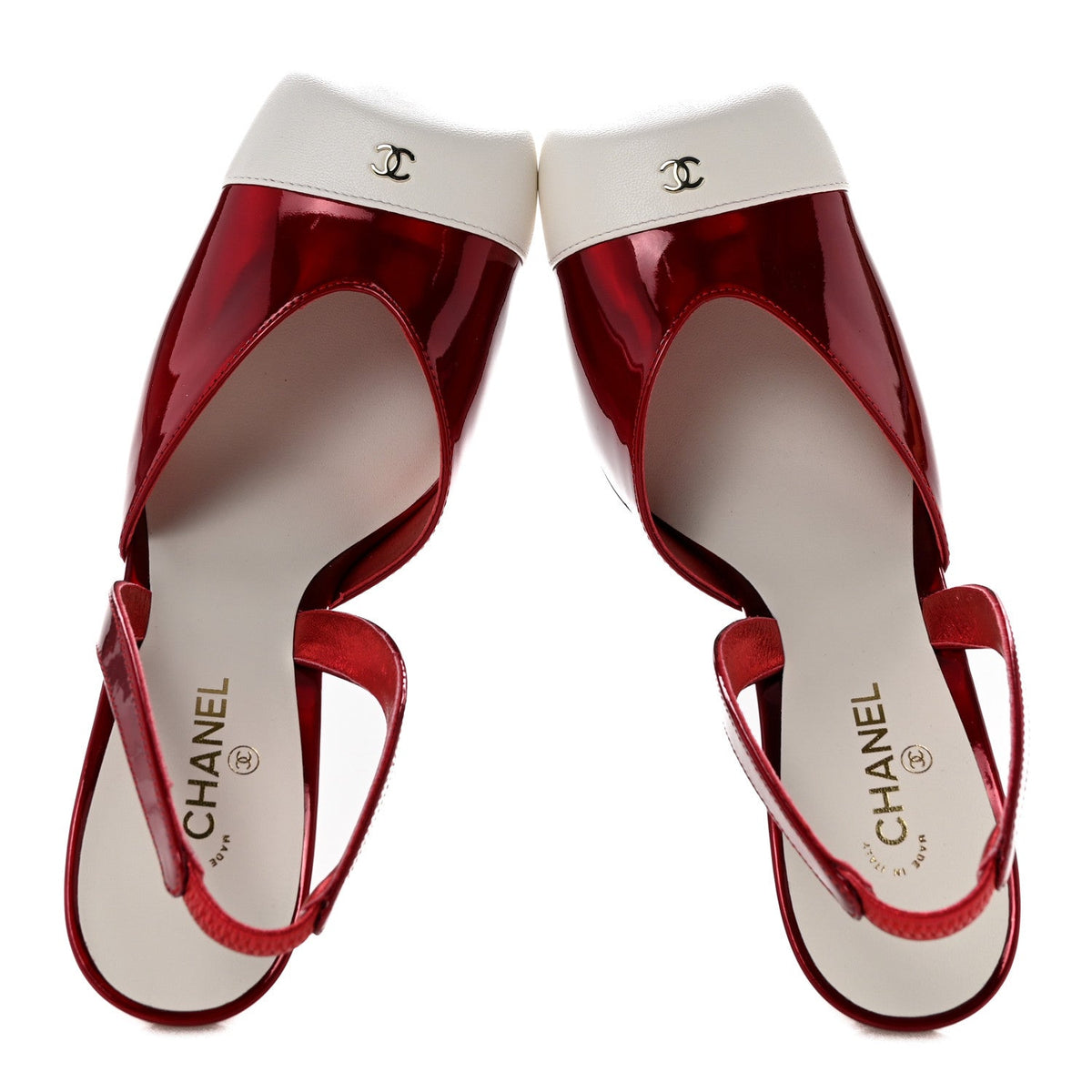 Laminated Calfskin Lambskin Square Cap Toe CC Slingback Pumps 36.5 Red Ivory
