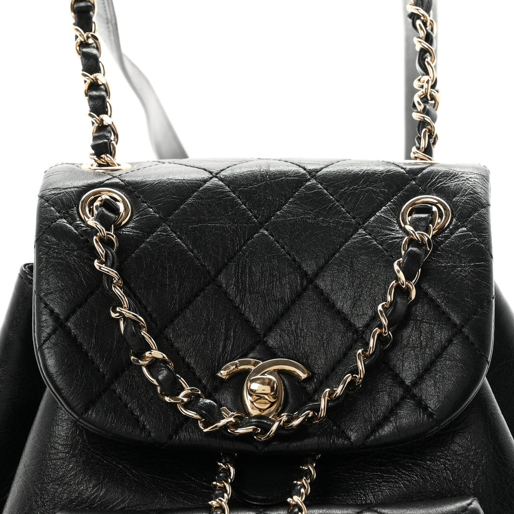 Glazed Aged Calfskin Quilted Small Duma Drawstring Backpack Black