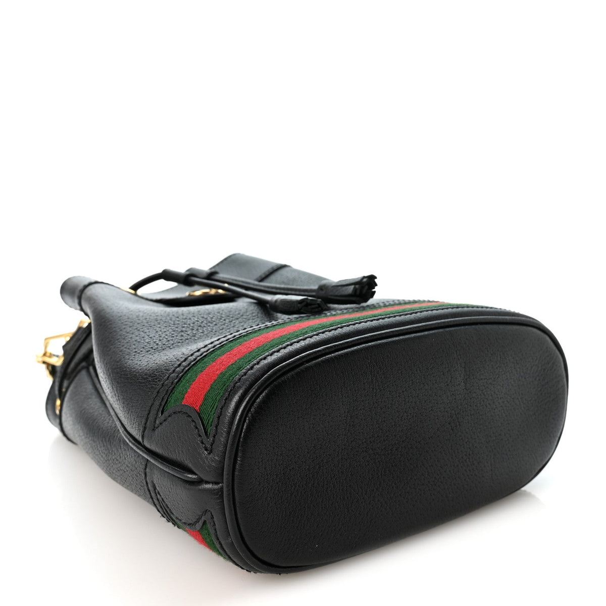 Glazed Textured Calfskin Web Small Ophidia Bucket Bag Black