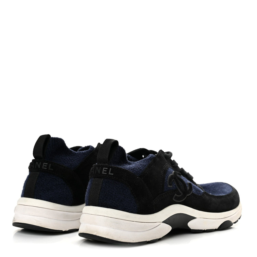 Knit Fabric Suede Calfskin Womens CC Sneakers 37.5 Navy Black