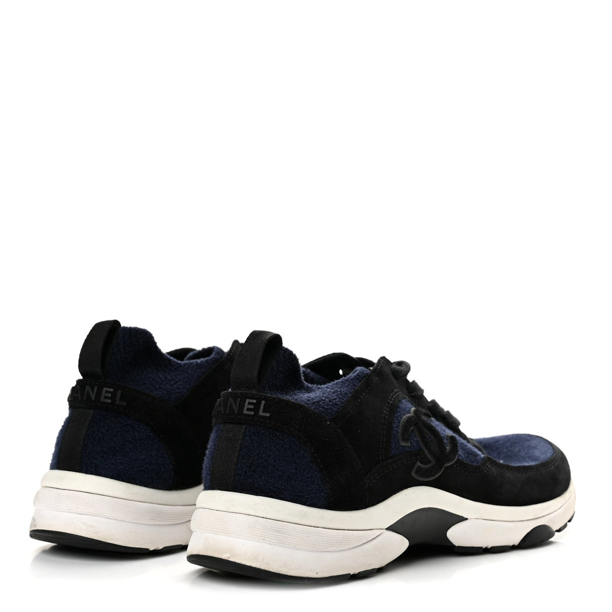 Knit Fabric Suede Calfskin Womens CC Sneakers 37.5 Navy Black