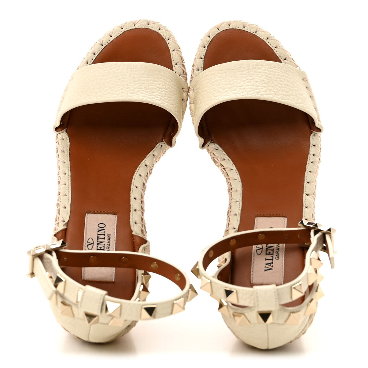 Grained Calfskin Rockstud Ankle Strap Espadrille 15/105mm Wedge Sandals 35 Light Ivory Natural