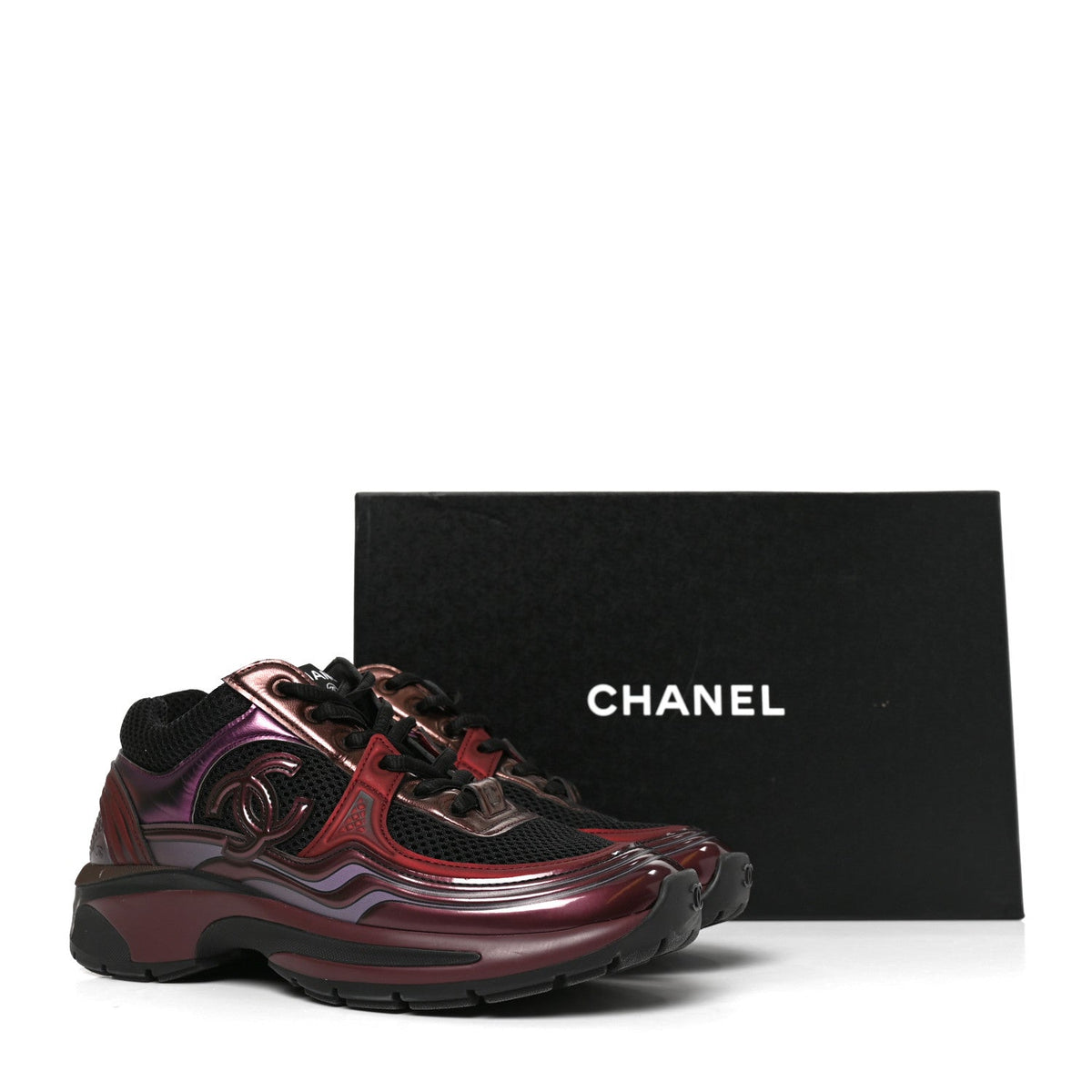 Fabric Laminated Calfskin Stretch CC Womens Sneakers 36 Black Purple Burgundy
