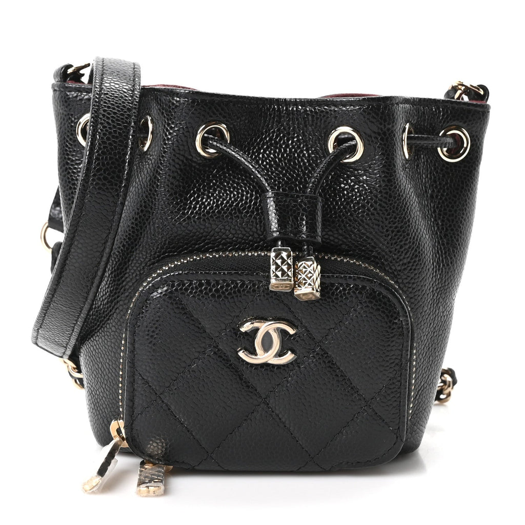 Caviar Quilted Mini CC Pocket Bucket Bag Black