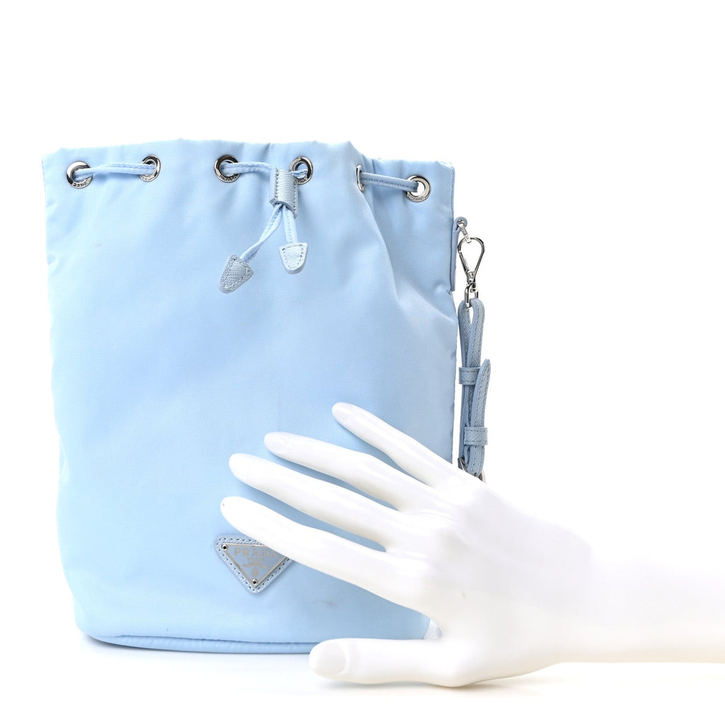 Re-Nylon Saffiano Vela Bucket Wristlet Celeste