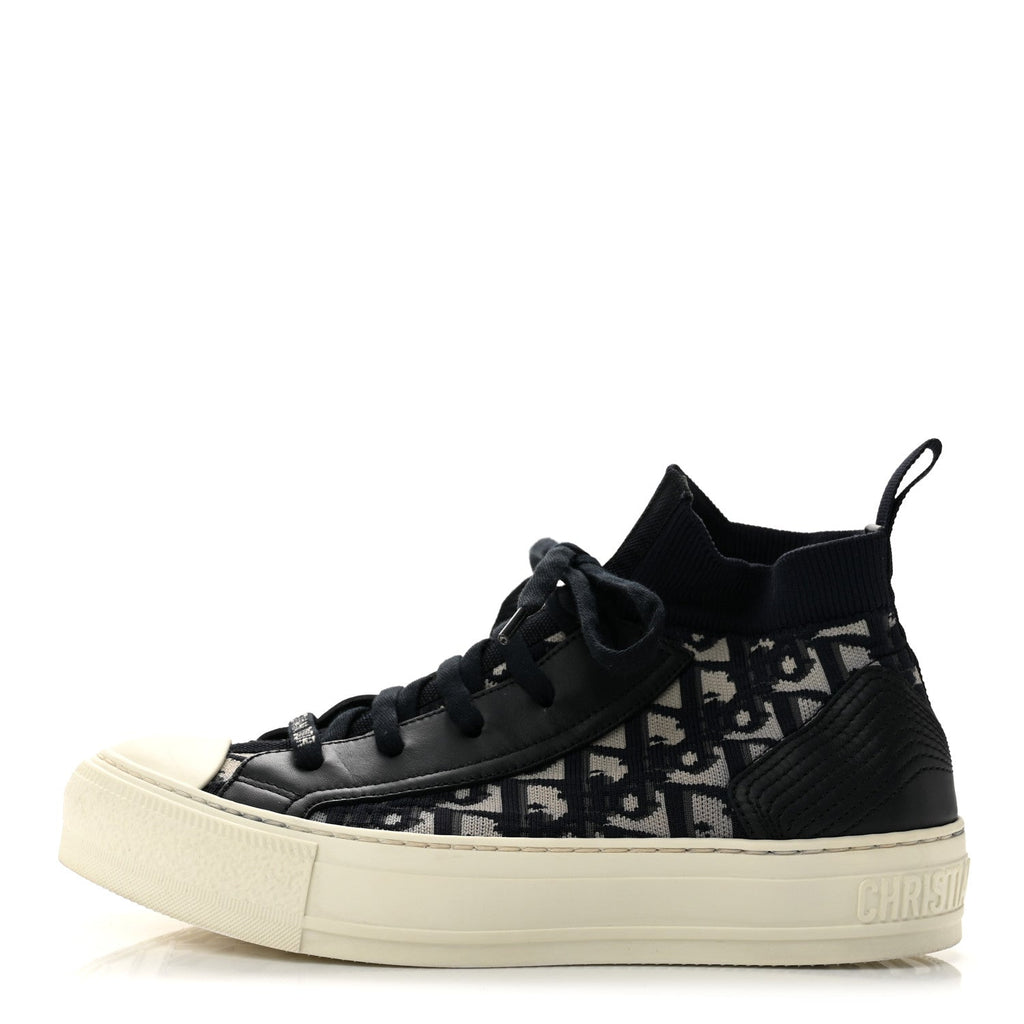 Technical Knit Calfskin Oblique Womens Walk'n Dior Mid Top Sneakers 36.5 Deep Blue