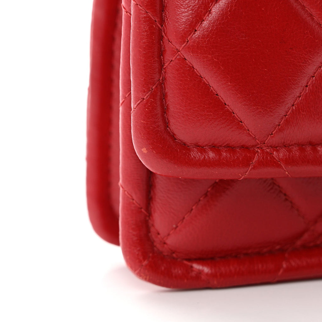 Shiny Lambskin Quilted Extra Mini Flap Red