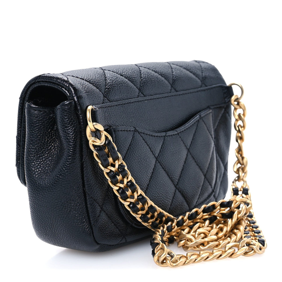 Shiny Caviar Quilted Chain Melody Waist Belt Bag Black