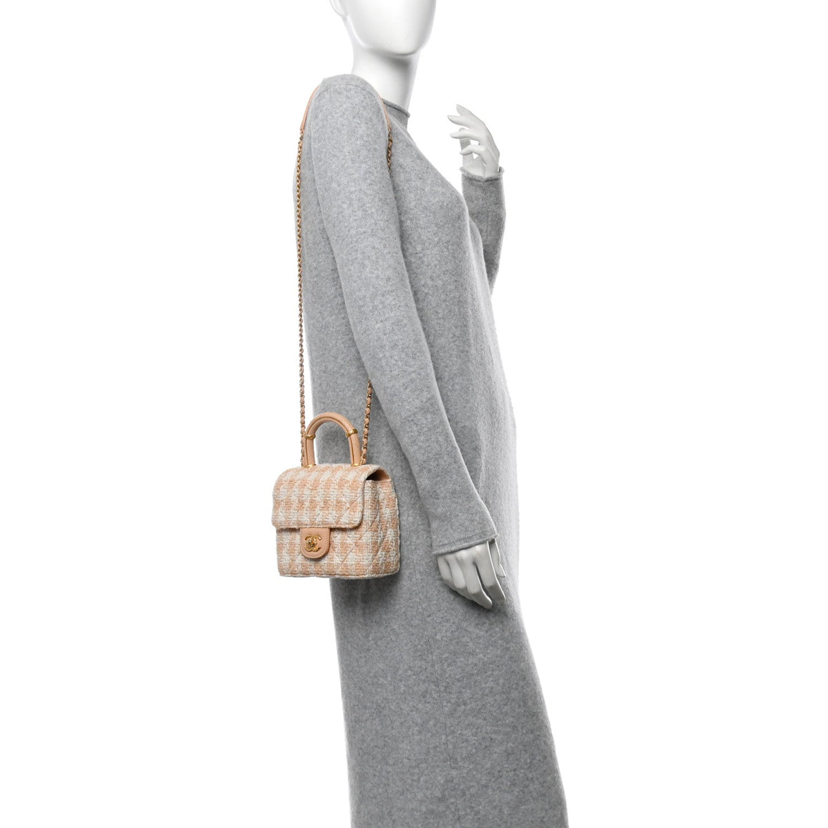 Tweed Handle Crush Top Handle Flap Bag Orange Ecru