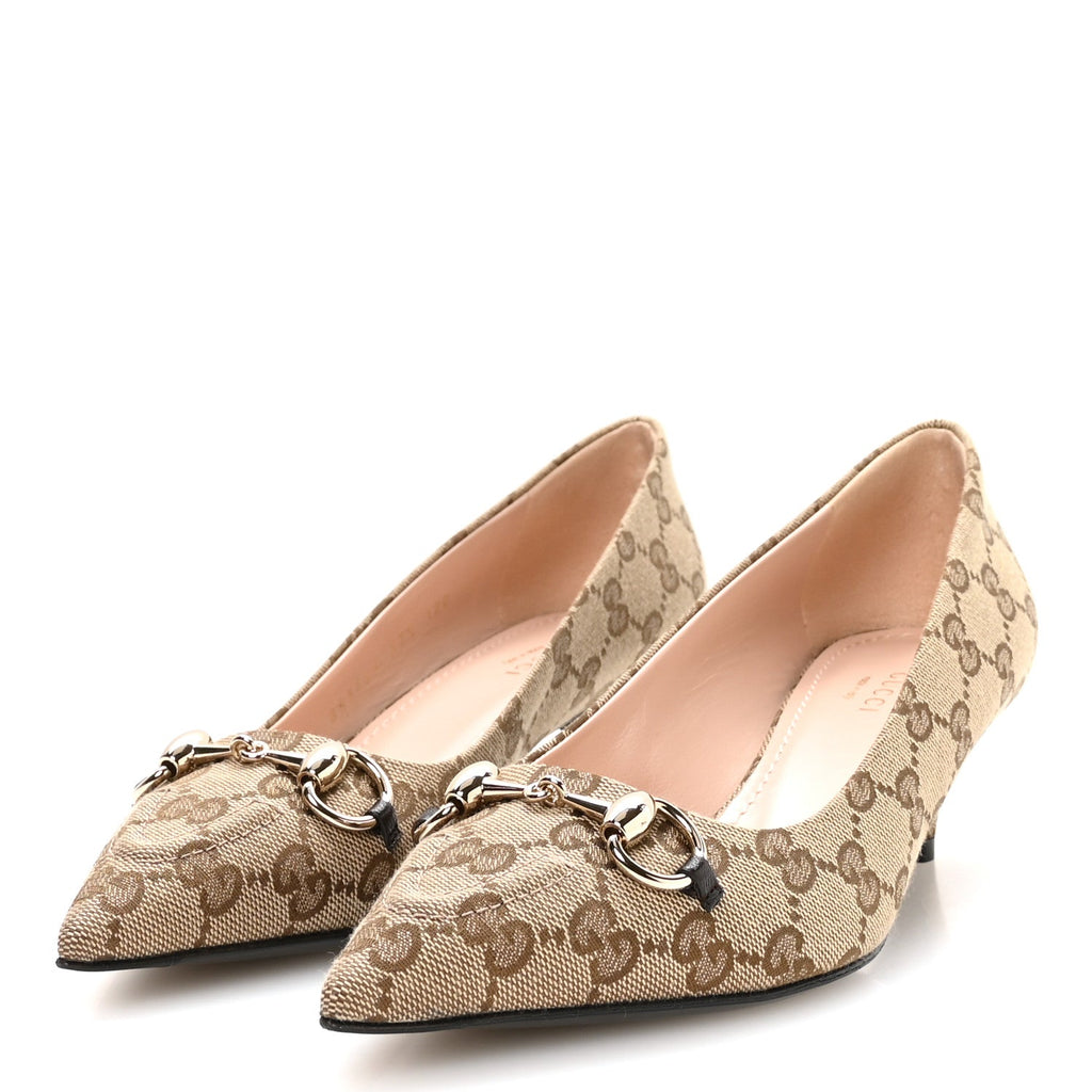 Canvas GG Monogram Horsebit Slingback Pumps 37.5 Beige Ebony Cocoa