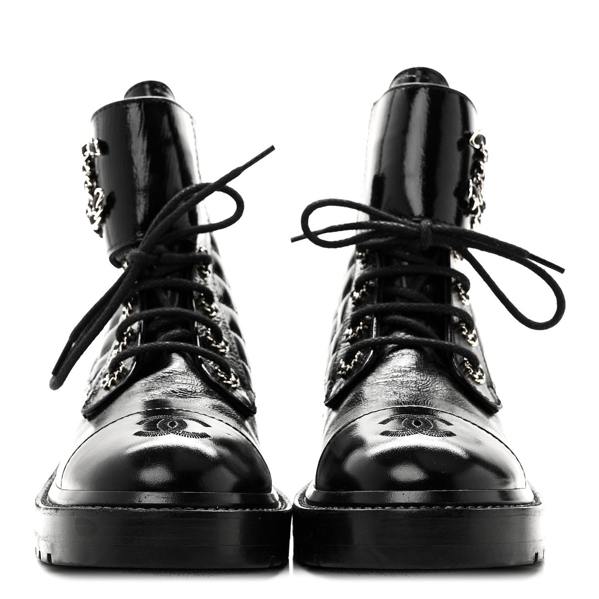 Shiny Lambskin Quilted Lace Up Combat Boots 38.5 Black
