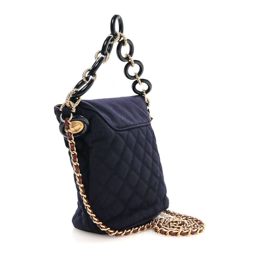 Wool Lambskin Quilted Paris Hamburg Charms Bucket Bag Dark Navy