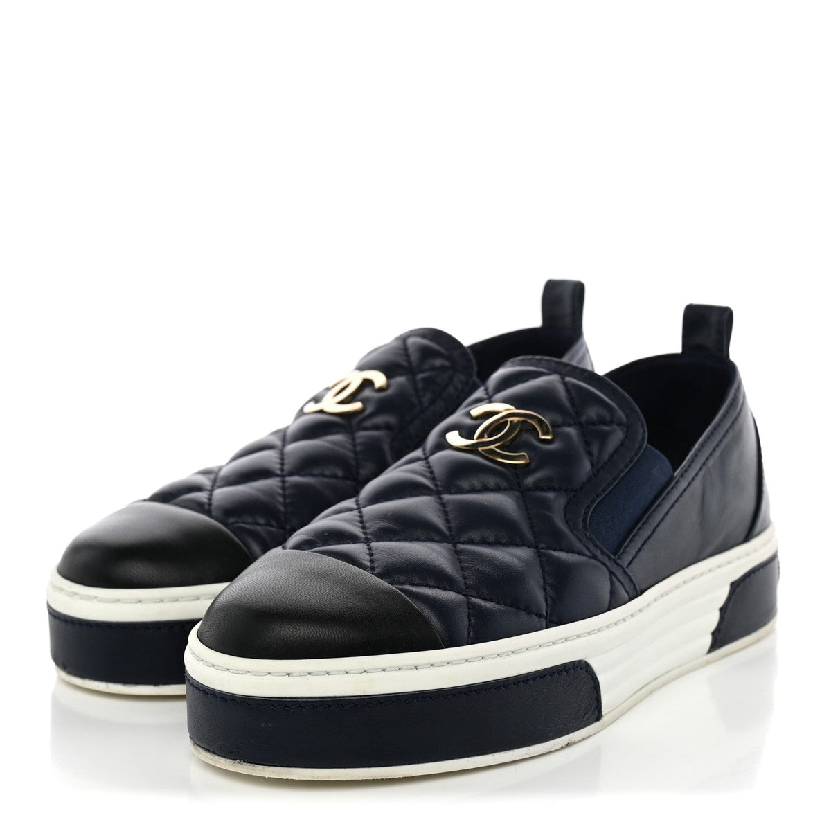 Lambskin Quilted Womens CC Stroll Sneakers 36.5 Dark Blue Black