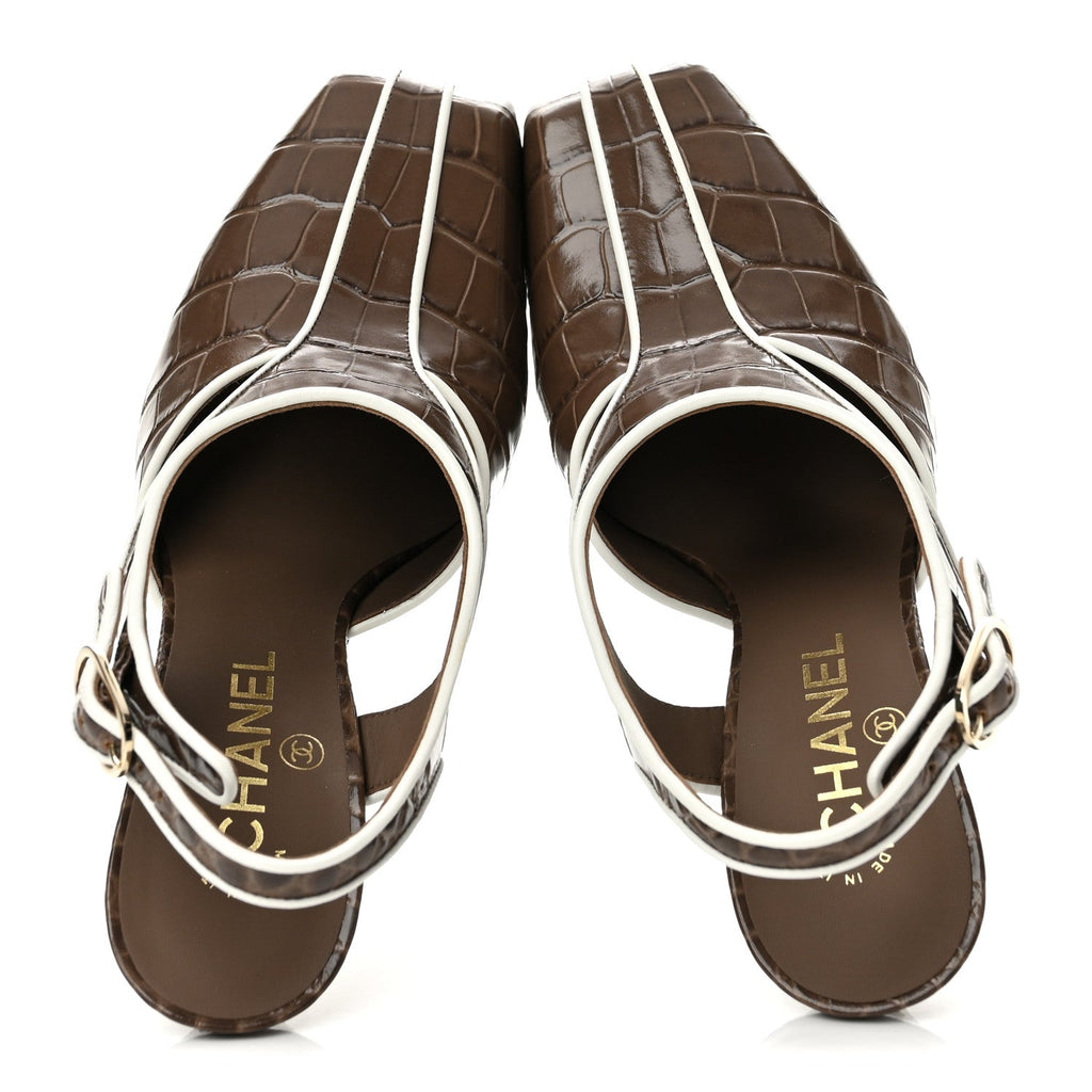 Patent Calfskin Crocodile Embossed CC Slingback Pumps 37.5 Brown White