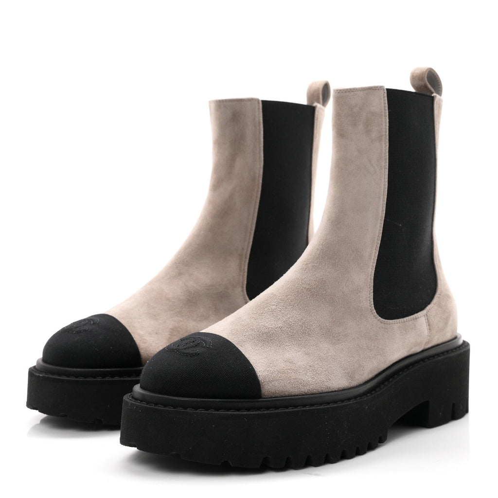 Suede Calfskin Grossgrain Cap Toe CC Ankle Boots 37 Light Grey Black