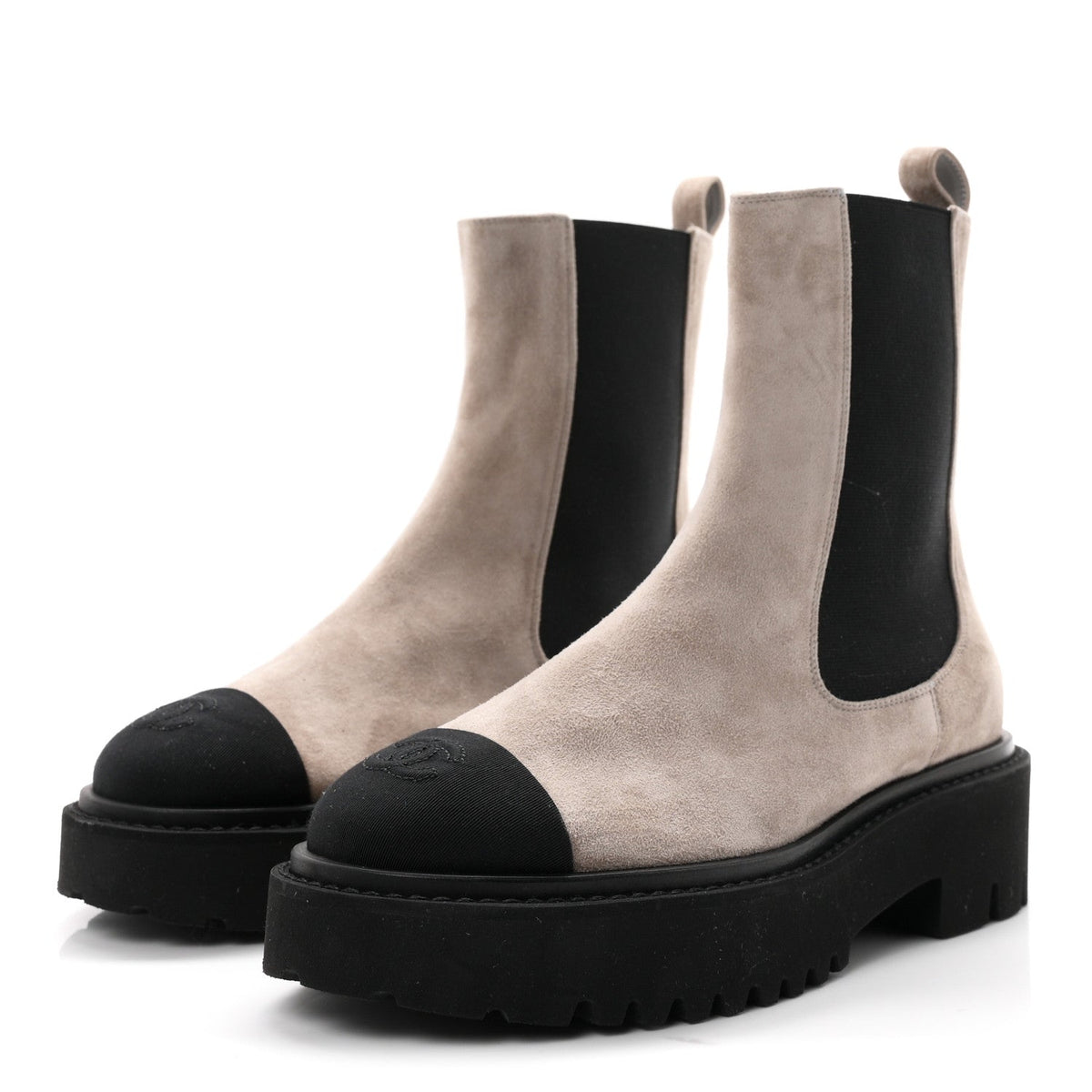 Suede Calfskin Grossgrain Cap Toe CC Ankle Boots 37 Light Grey Black