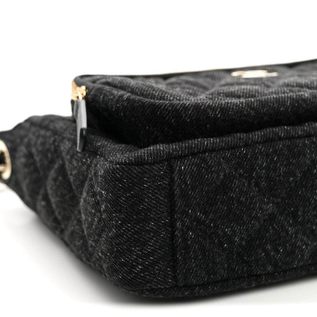 Denim Quilted Small Preppy Pocket Clutch With Chain  Black
