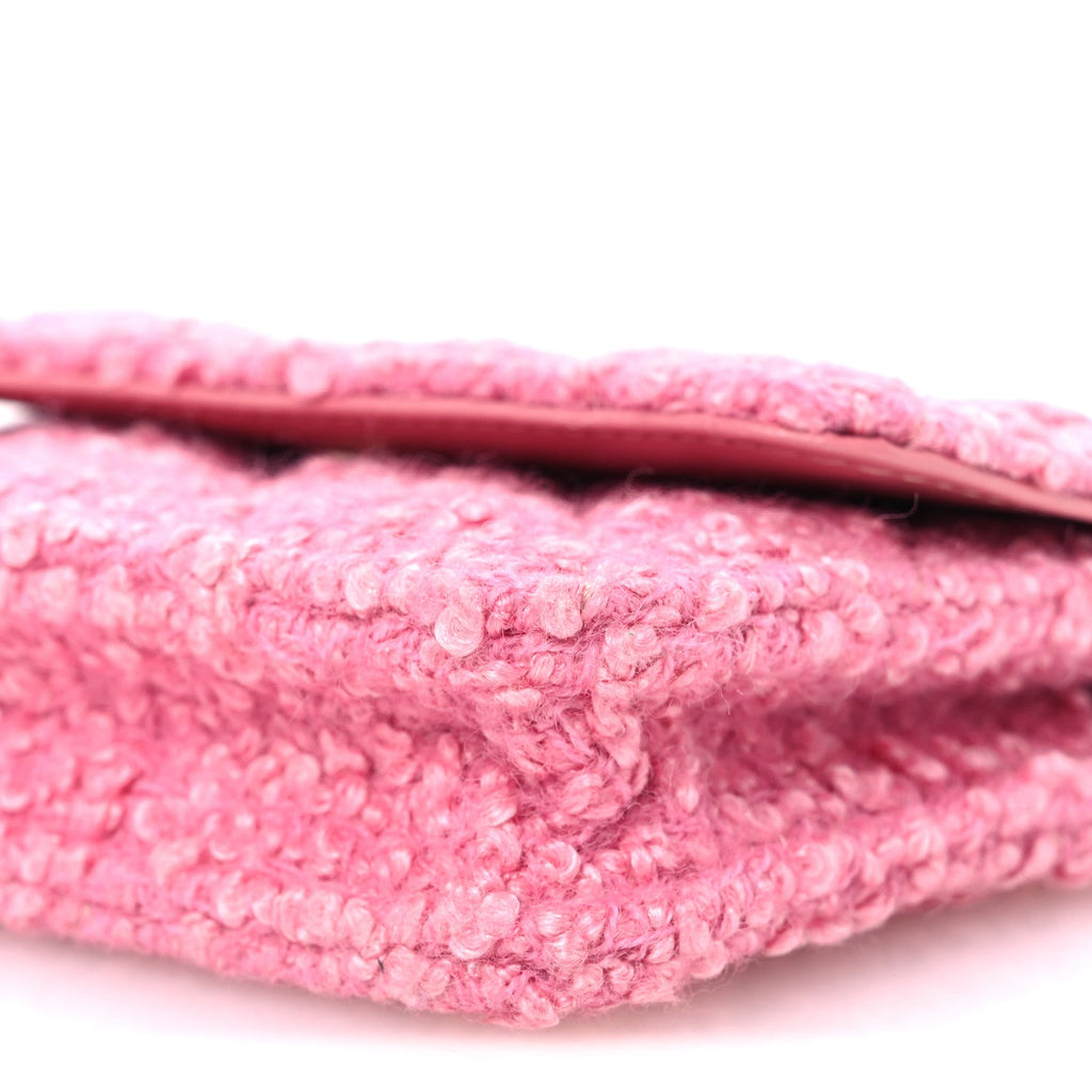 Tweed Quilted Flap Chain Waist Bag Pink