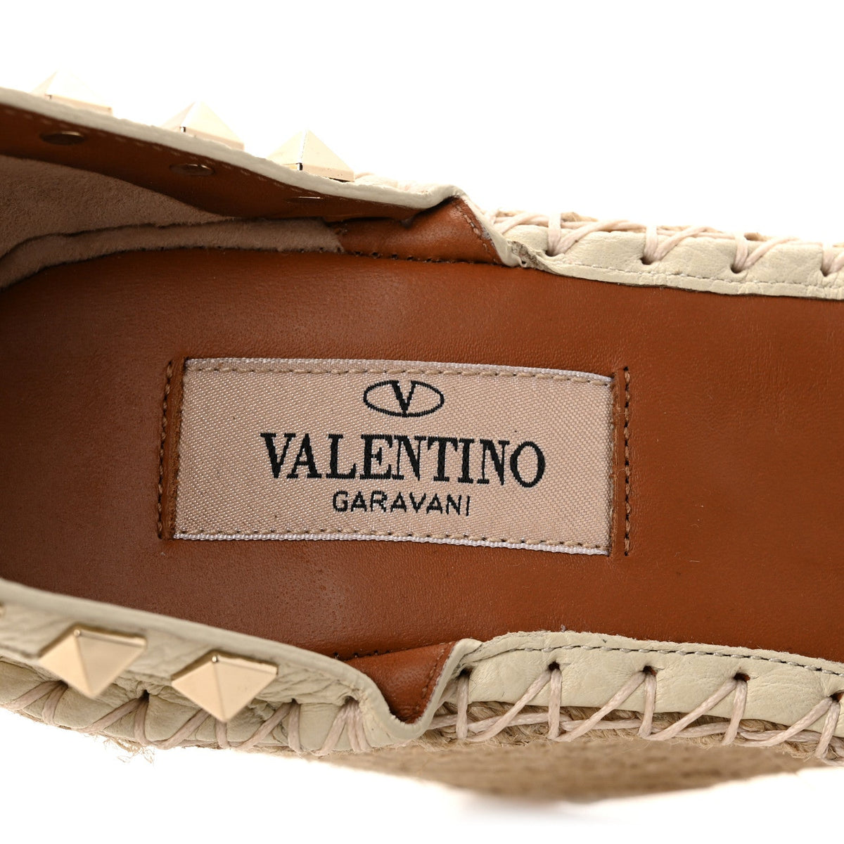 Grained Calfskin Rockstud Ankle Strap Espadrille 15/105mm Wedge Sandals 35 Light Ivory Natural