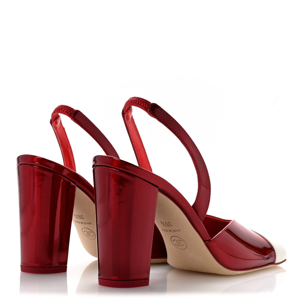 Laminated Calfskin Lambskin Square Cap Toe CC Slingback Pumps 36.5 Red Ivory