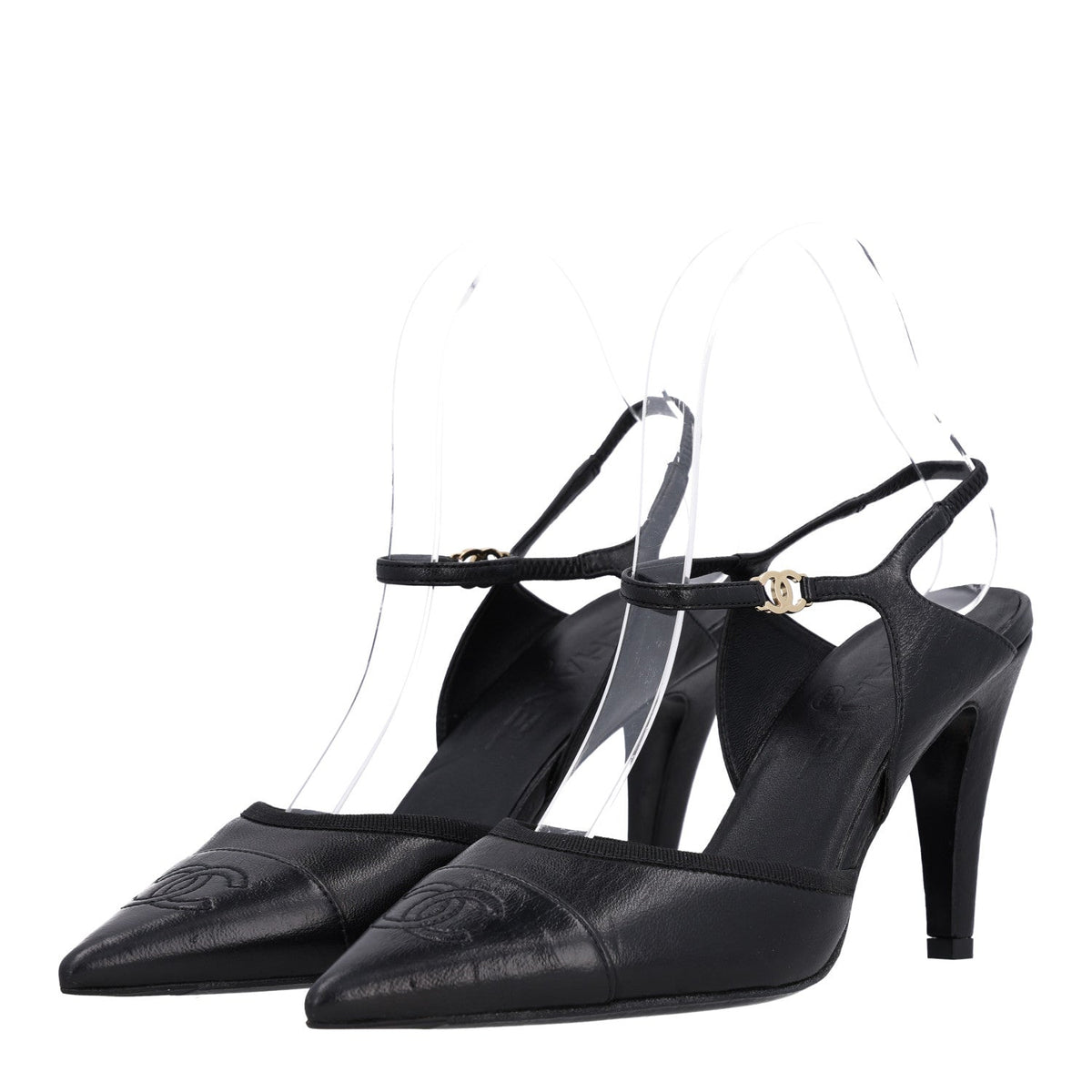 Iridescent Lambskin Pointed Cap Toe CC Slingback Pumps 37.5 Black