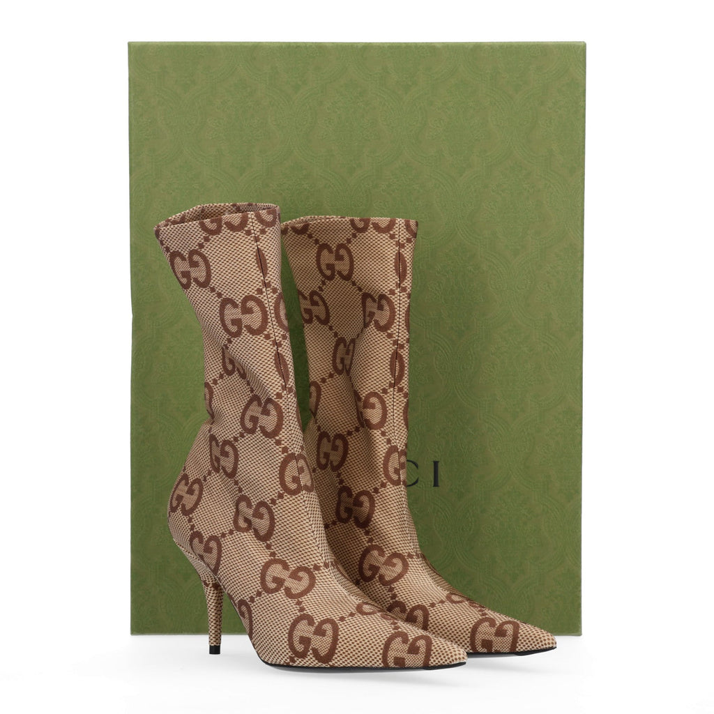 X GUCCI Jersey Maxi GG Monogram Crepe Knife Booties 36 Camel Ebony