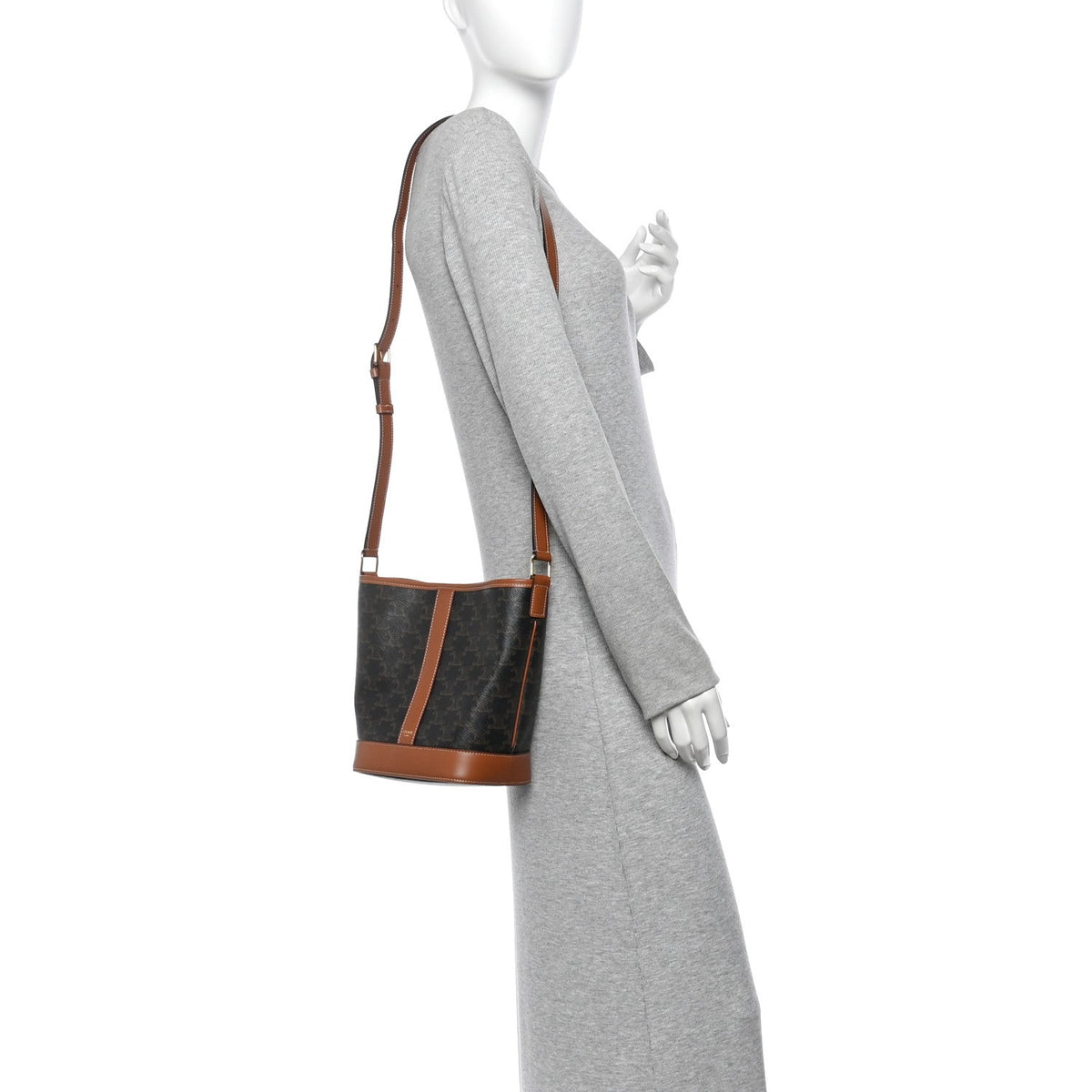 Triomphe Canvas Calfskin Small Bucket Bag Tan