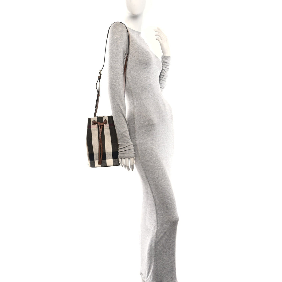 Giant Check Canvas Small Bucket Bag Taupe Brown