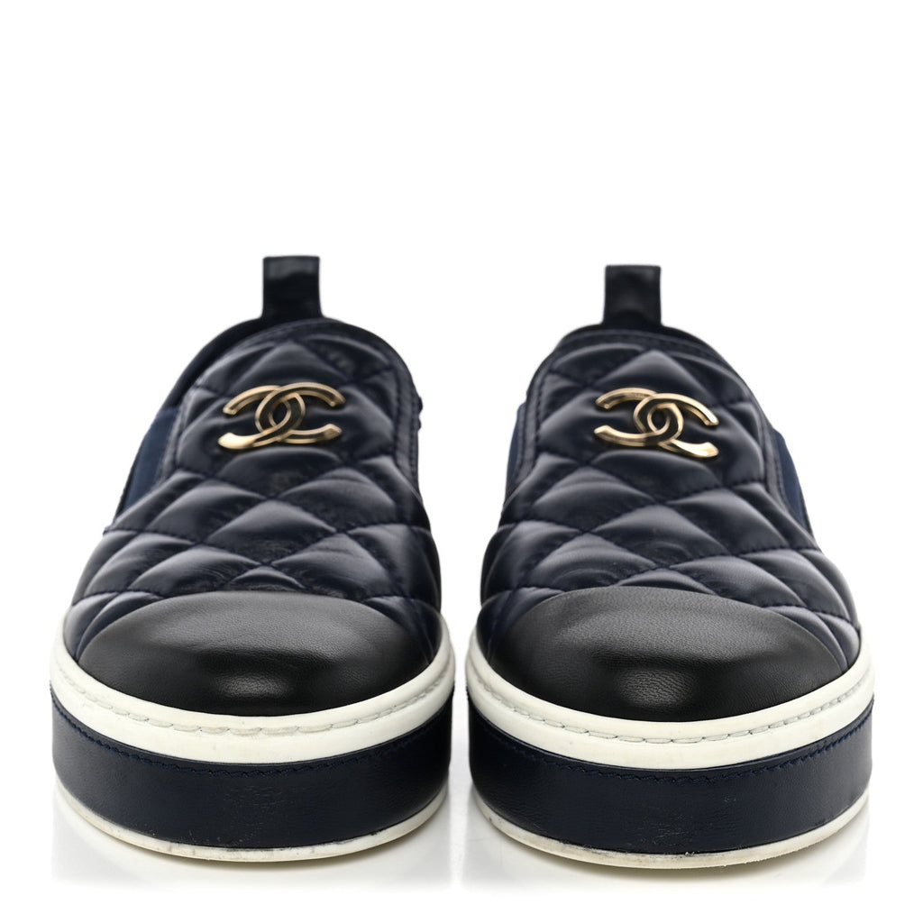 Lambskin Quilted Womens CC Stroll Sneakers 36.5 Dark Blue Black