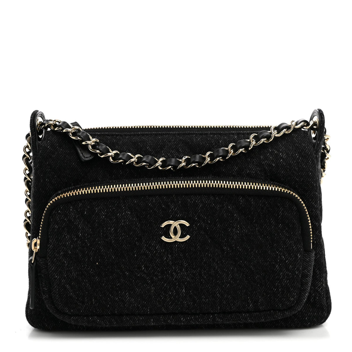Denim Quilted Small Preppy Pocket Clutch With Chain  Black