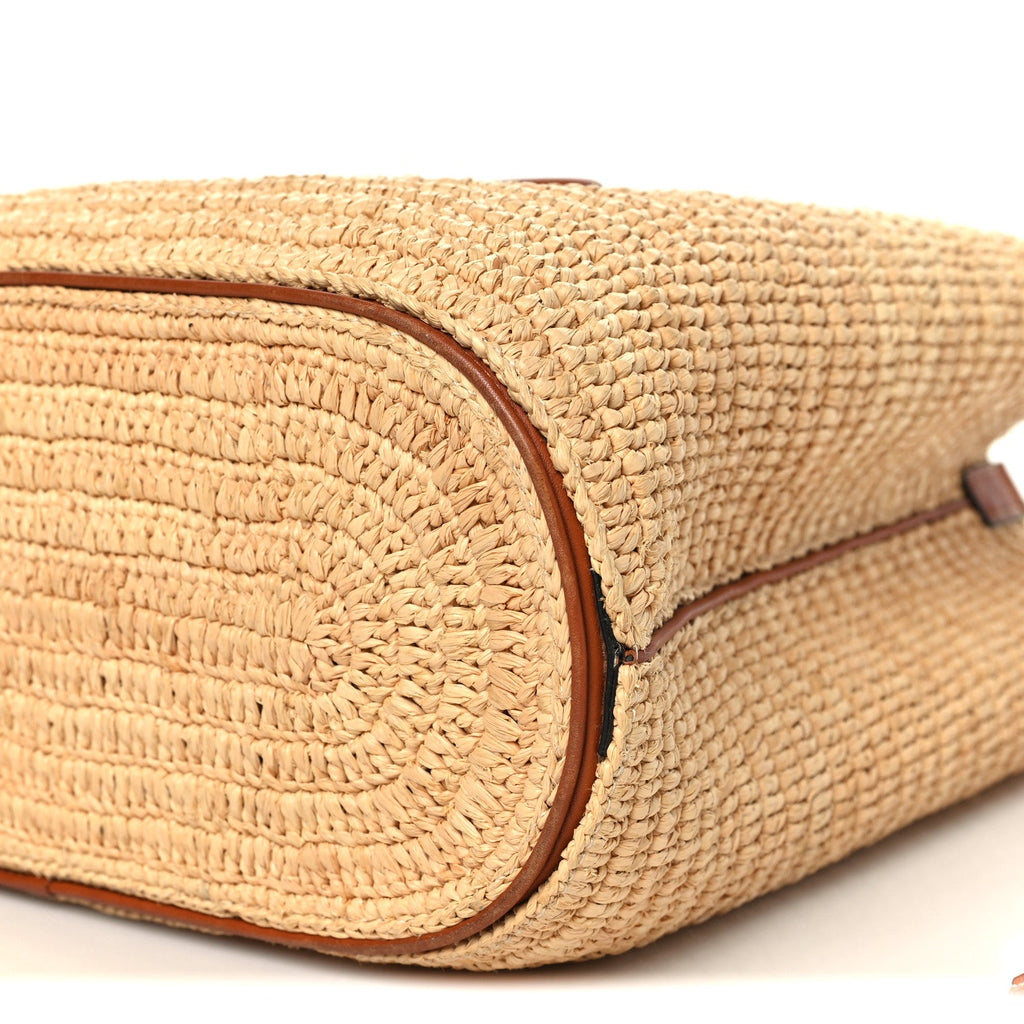 Raffia Calfskin Triomphe Drawstring Bucket Natural Tan
