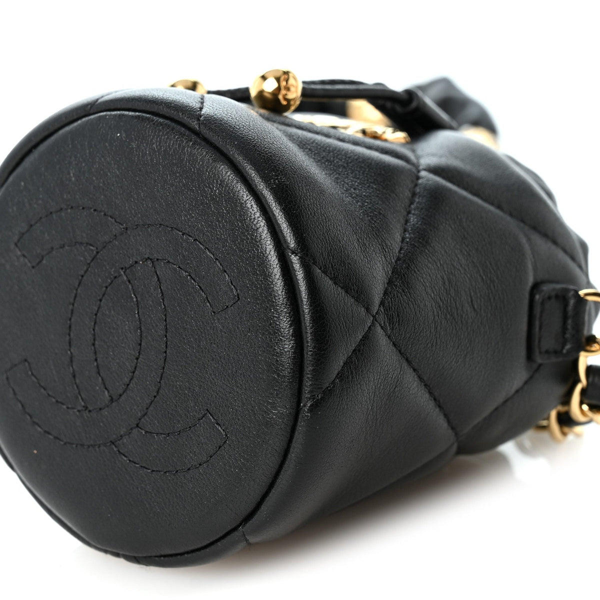 Calfskin Quilted Mini Drawstring Bucket Bag Black