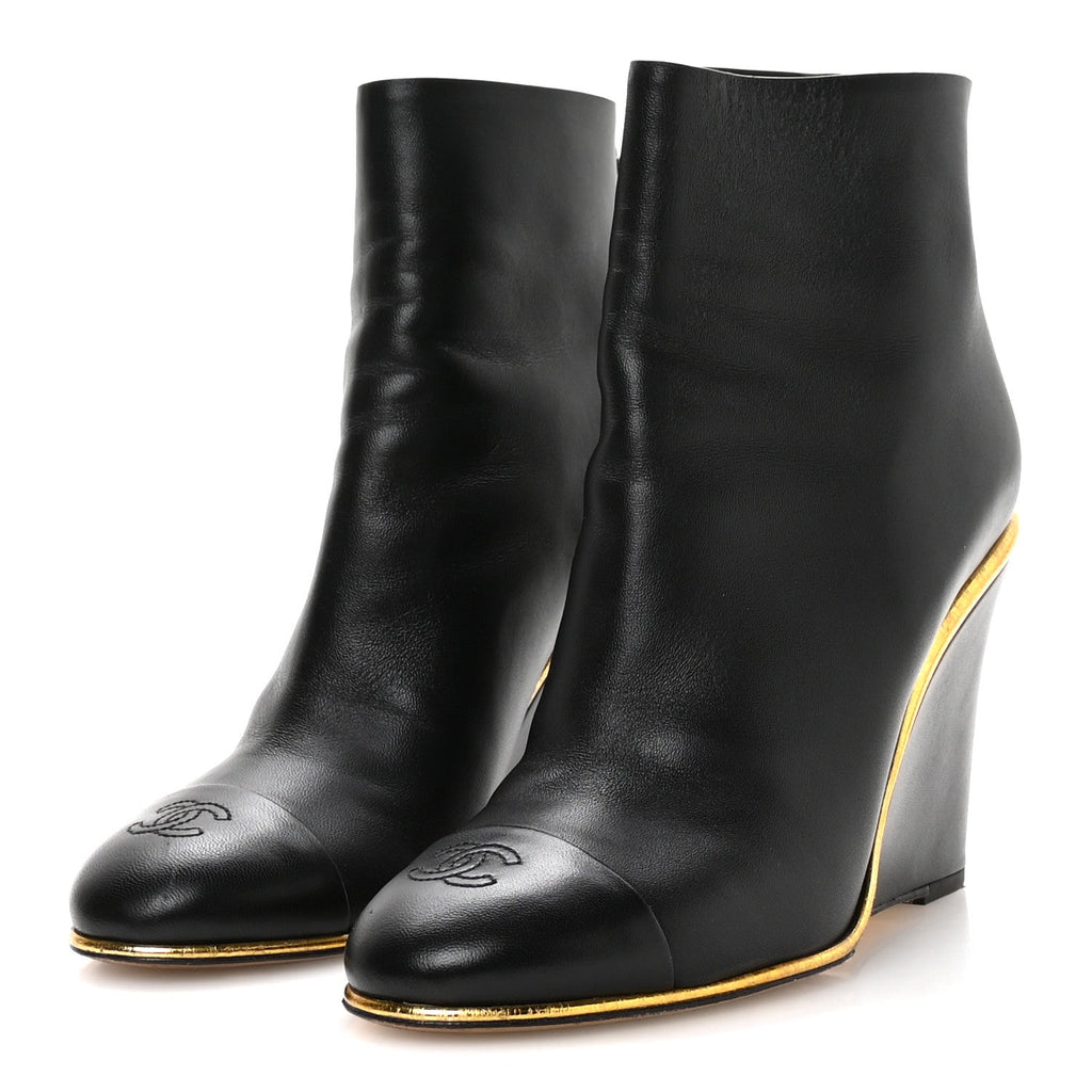 Lambskin Cap Toe Wedge Ankle Boots 38.5 Black