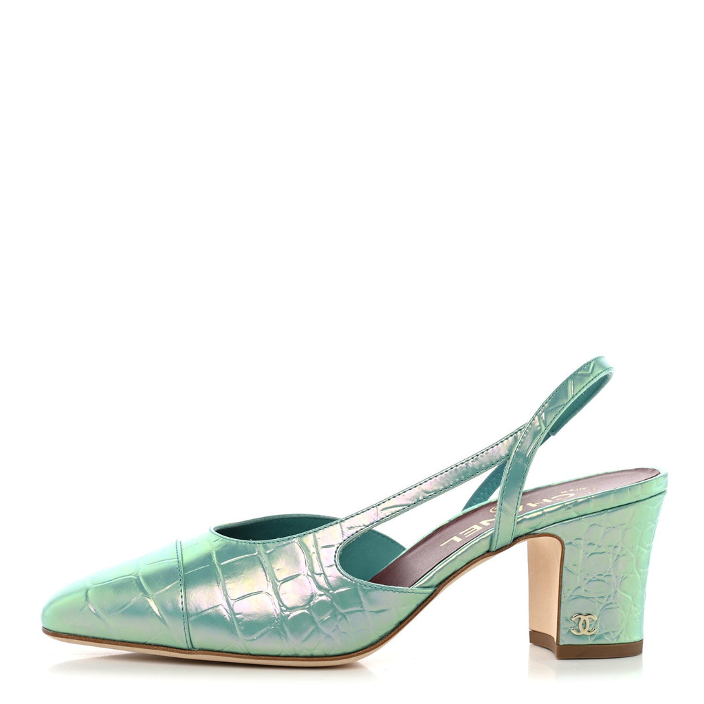 Iridescent Embossed Patent CC Cap Toe CC Slingback Pumps 37.5 Turquoise