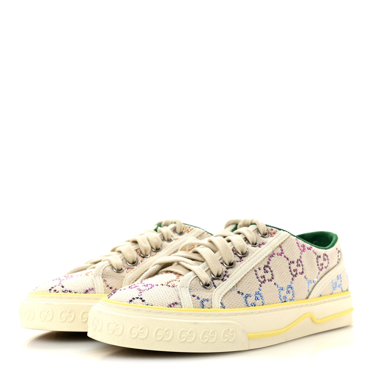 Canvas Lame Crystal GG Monogram Womens 1977 Tennis Sneakers 36 Gardenia Silver Mystic White
