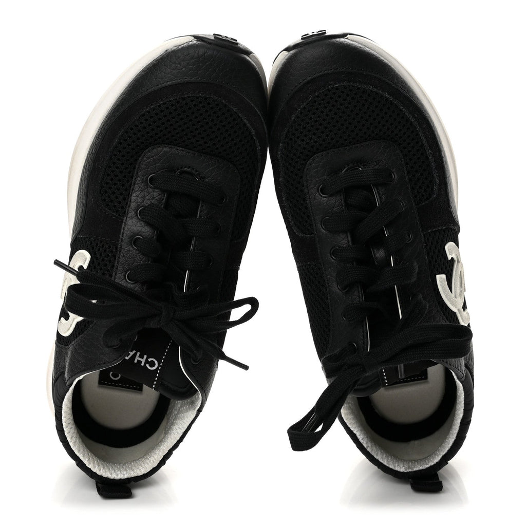 Calfskin Mesh Lycra Suede Womens Logo Sneakers 37.5 Black