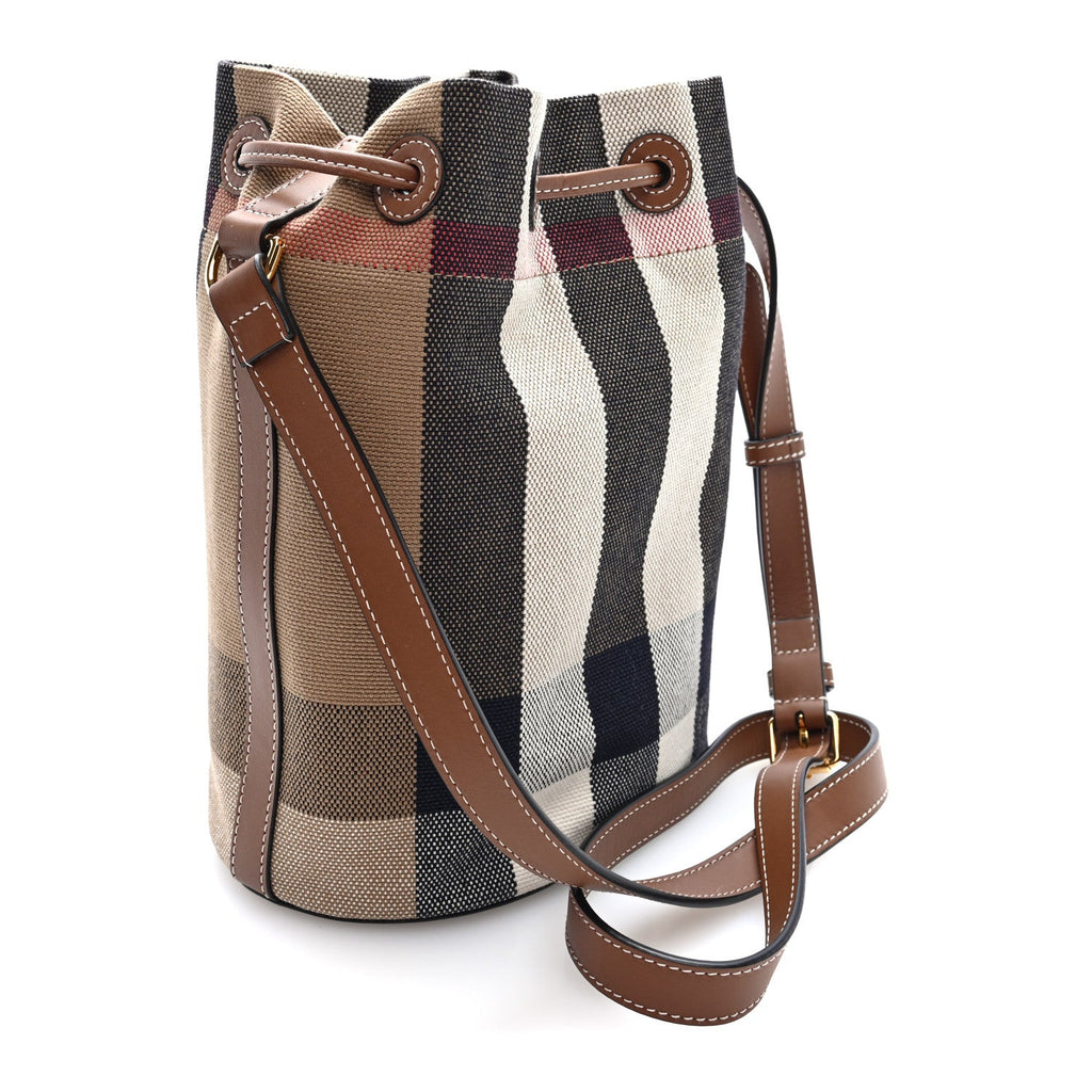 Giant Check Canvas Small Bucket Bag Taupe Brown