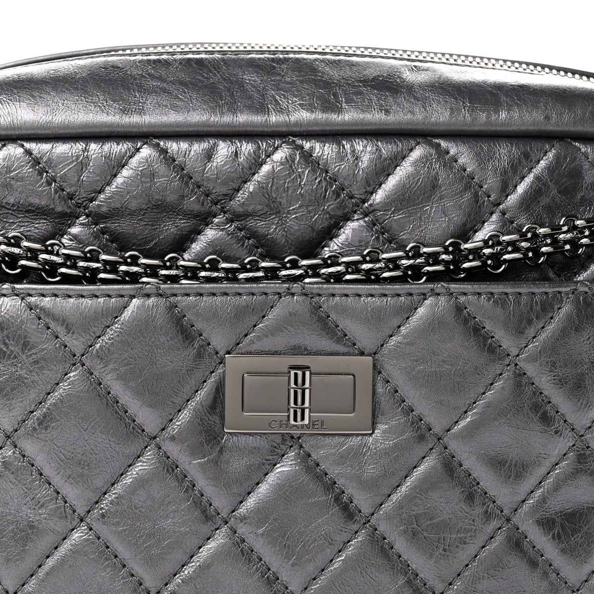 Metallic Aged Calfskin Quilted Medium Reissue Camera Case Dark Silver