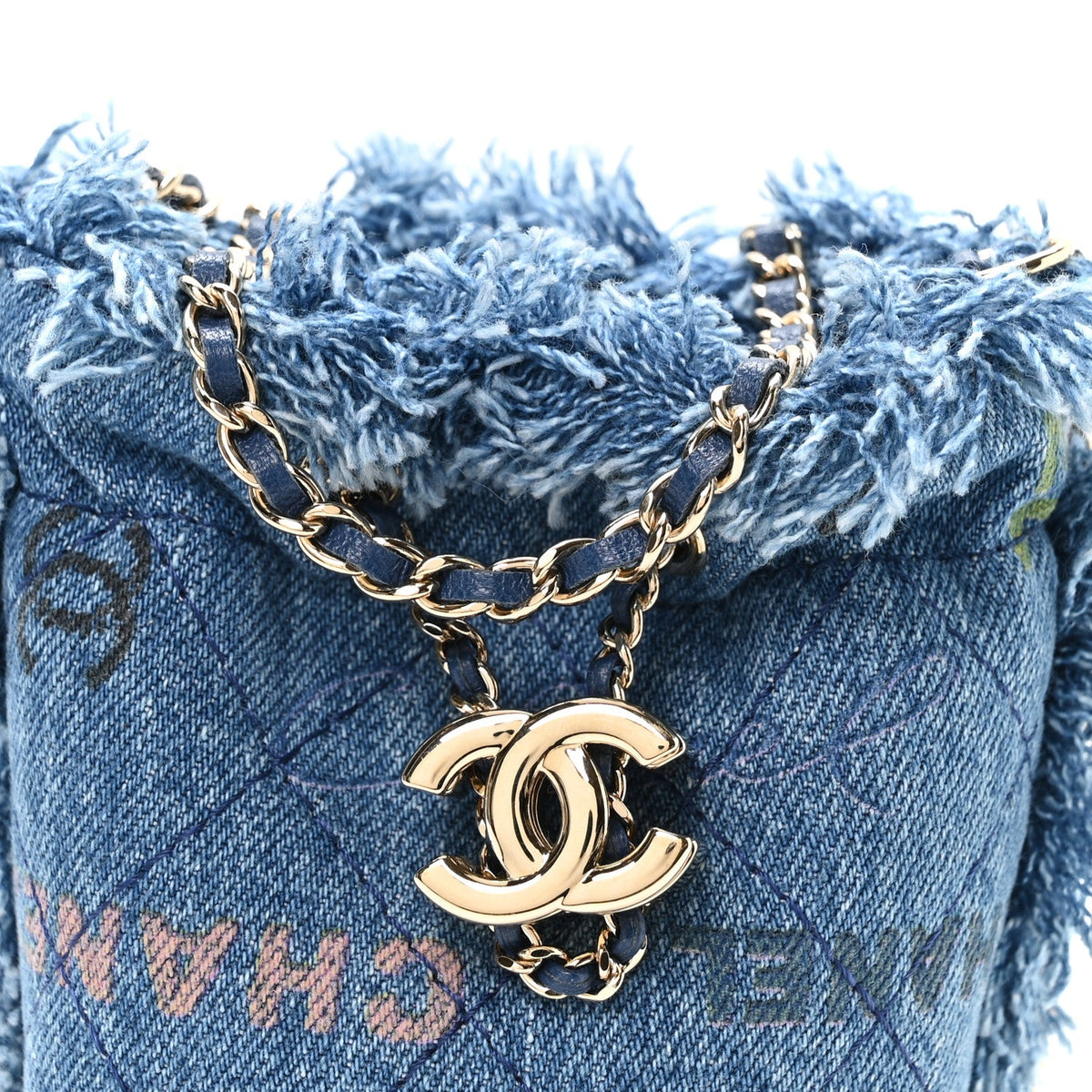 Denim Quilted Mood Mini Bucket With Chain Blue Multicolor
