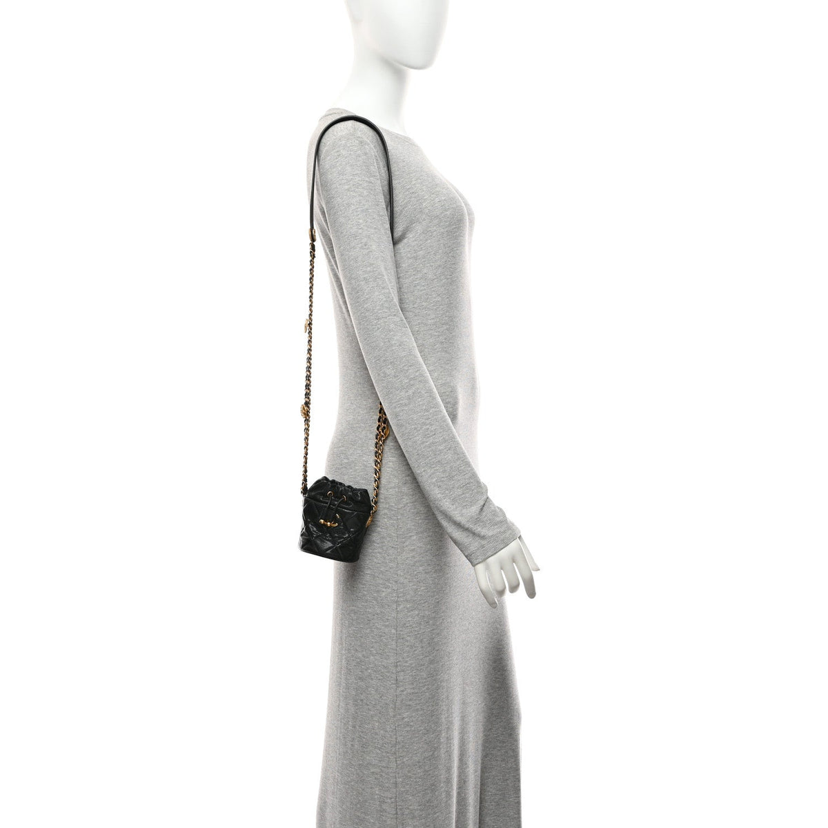 Caviar Quilted Twist Your Buttons Mini Bucket Bag Black