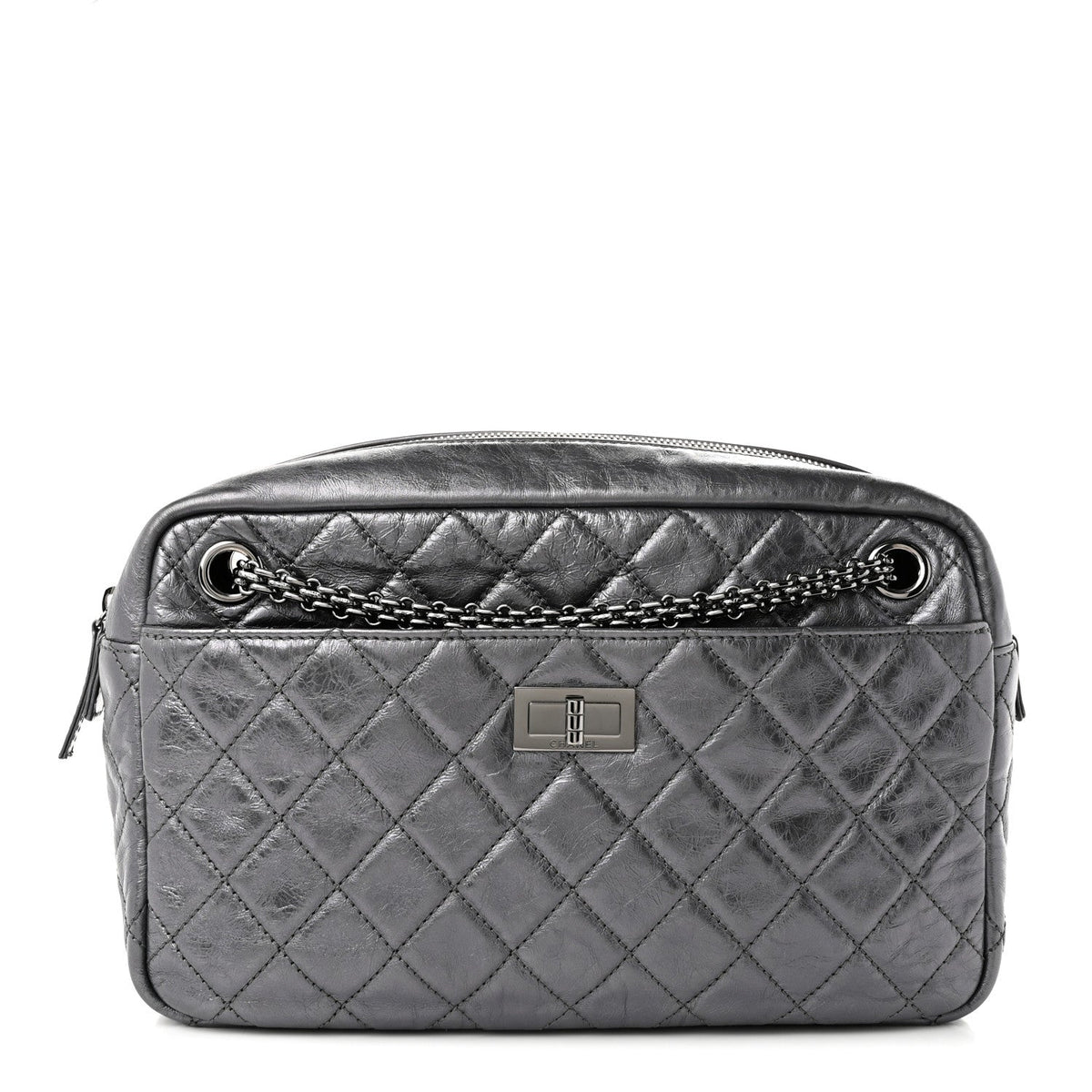 Metallic Aged Calfskin Quilted Medium Reissue Camera Case Dark Silver
