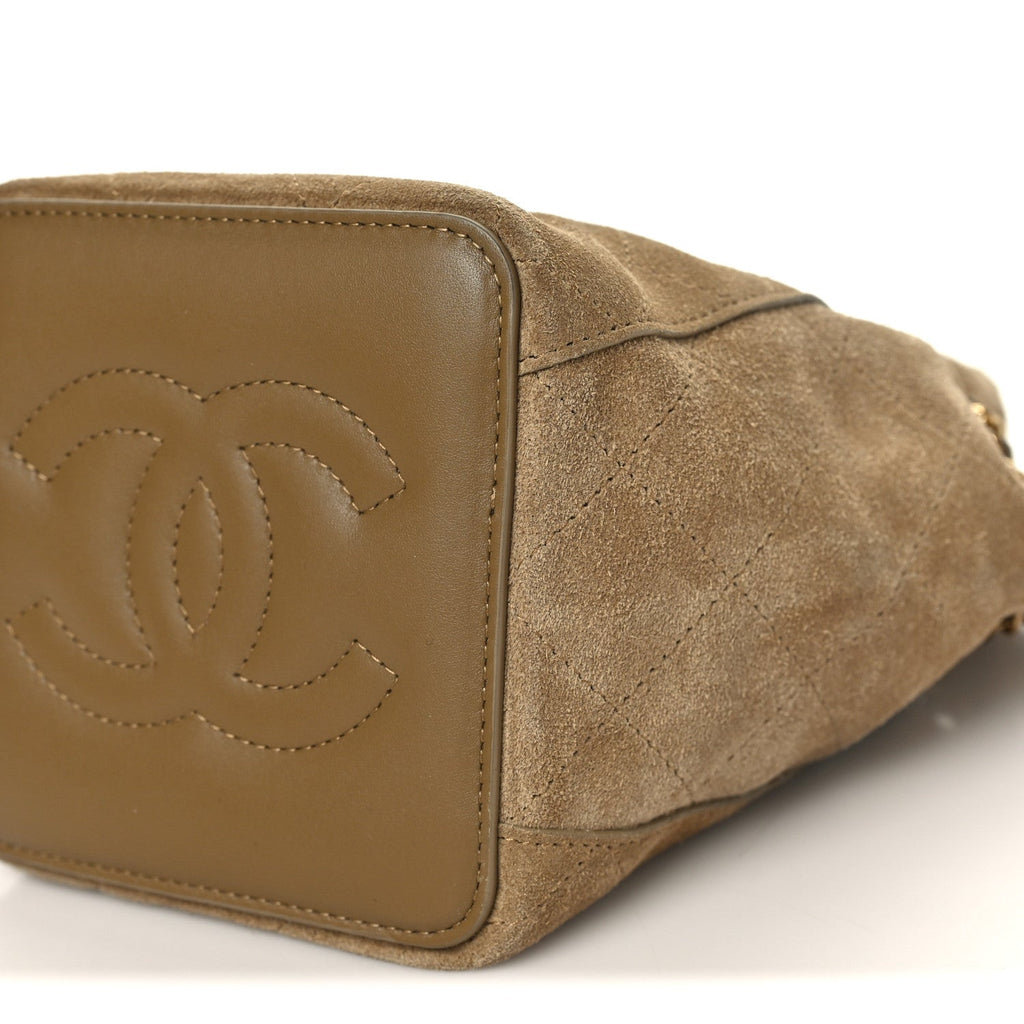 Suede Calfskin Quilted Mini Bucket Bag With Chain Dark Beige