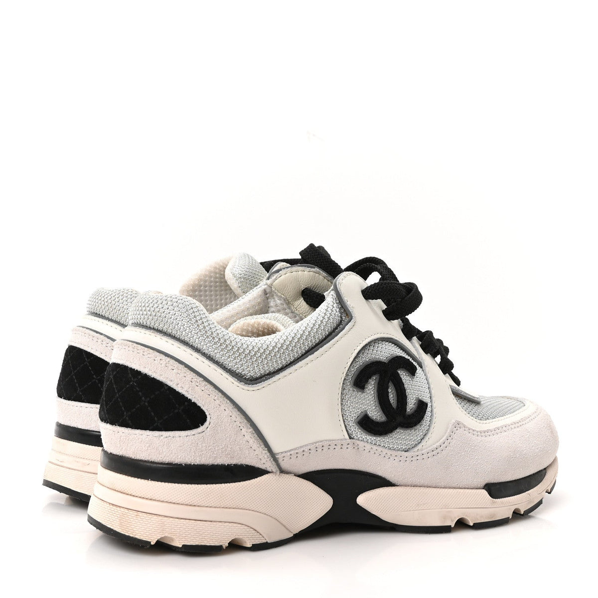 Mesh Suede Calfskin Grained Calfskin Womens CC Sneakers 37 White Silver Light Grey