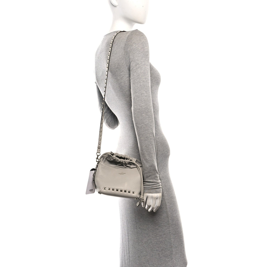 Grained Calfskin Rockstud Mini Bucket Bag Opal Grey