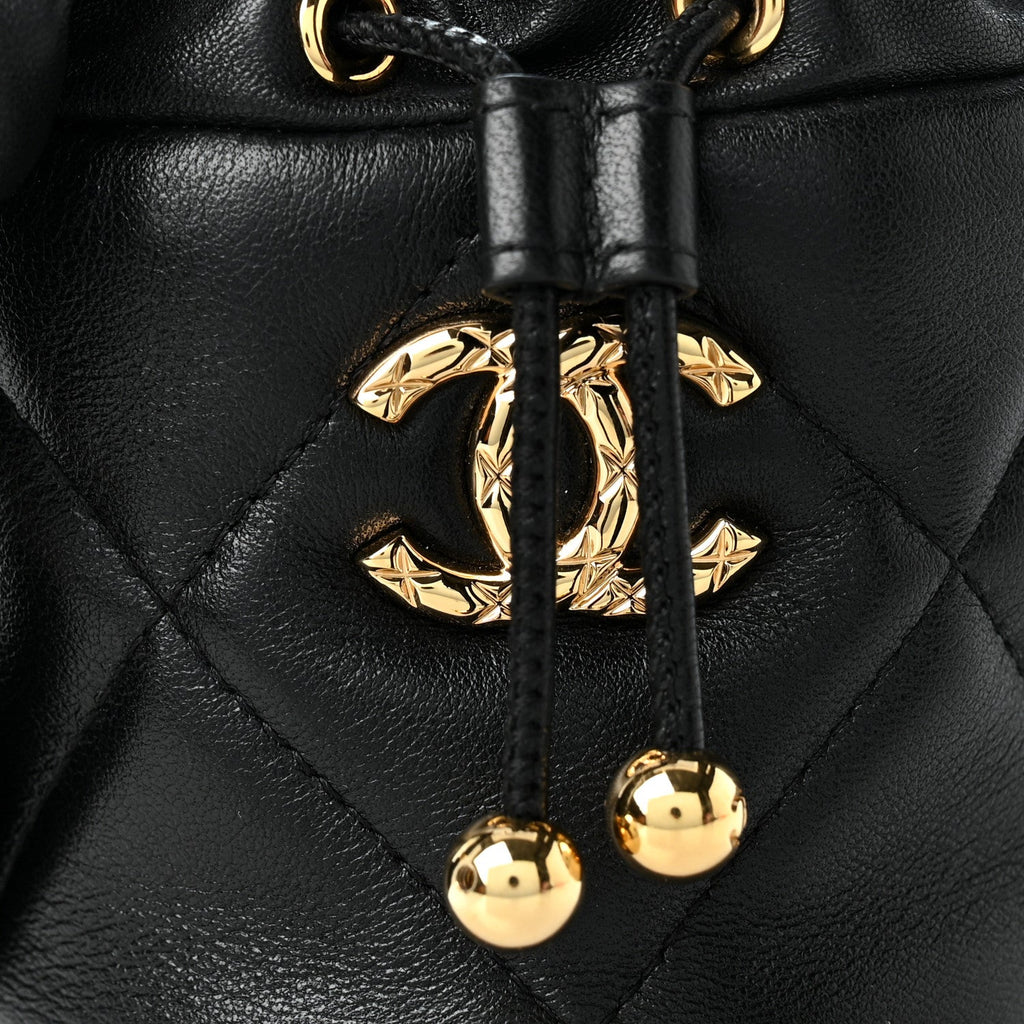 Calfskin Quilted Mini Drawstring Bucket Bag Black